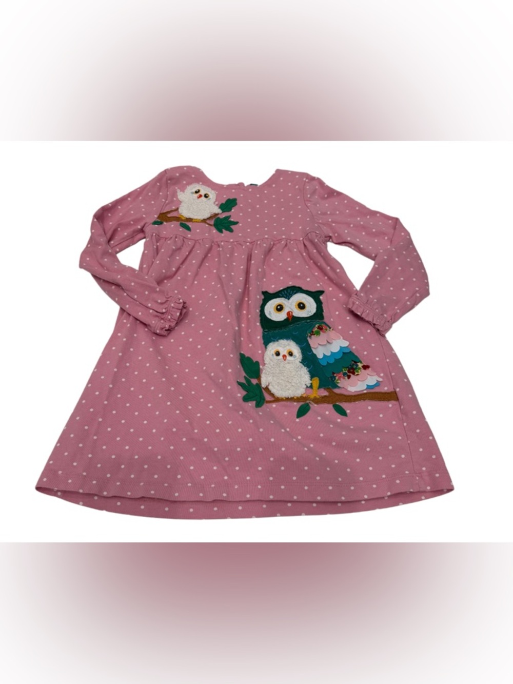 Baby Boden Pink Owl Applique Dress Long Sleeve Polka Dot Size 3-4